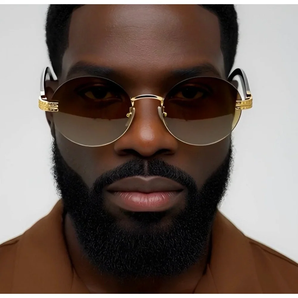 Rimless Sunglasses Oval Lens Gold Accents Wood Arms Fashion Shades Sophisticated